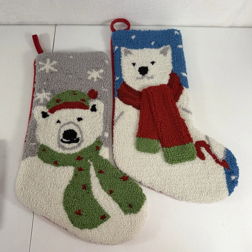 Classic Embroidered Hooked Christmas Stocking Polar Bear Scarf‎ Scarves Lot Of 2